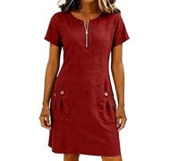 MaNMaNing Vestido camisero de manga corta de color liso con bolsillos y cuello con cremallera para mujer, vestido casual casual para mujer, rojo, 3XL