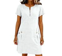 MaNMaNing Vestido camisero de manga corta de color liso con bolsillos y cuello con cremallera para mujer, vestido casual casual para mujer, Blanco, 3XL
