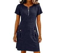 MaNMaNing Vestido camisero de manga corta de color liso con bolsillos y cuello con cremallera para mujer, vestido casual casual para mujer, BU1, XL