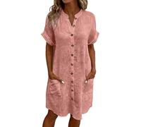 MaNMaNing Vestido camisero informal con botones, manga larga, cuello alto, para mujer, liso, longitud media, para uso diario, vestido informal para mujer, Rosa., S