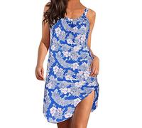 MaNMaNing Vestido maxi bohemio de las mujeres diario casual estampado tamaño sin mangas más escote vestido casual damas, azul, M
