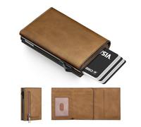 Manmaxim Billetera Hombre RFID Trifold, Tarjetero Smart-Pop-Up Slim Wallet con Bolsillo para Monedas con Cremallera, Billetera Hombre con Tarjetero de Crédito para hasta 12 Tarjetas (Marrón)