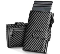 Manmaxim Cartera para Hombre para Tarjetas Bloqueo RFID, Slim Cartera Tarjetas de Crédito con Billetera y Cremallera para Monedas, Cierre Magnético, hasta 12 Tarjetas, Fibra Carbono