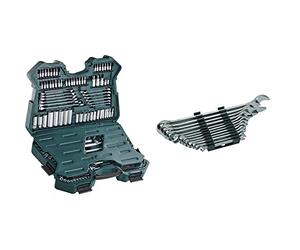 Mannesmann M98430 Maletín con llaves de vaso y otras herramientas (215 piezas, tamaño: 12x36x51 cm) + M19652 Juego de 12 llaves combinadas 6 a 22 CV