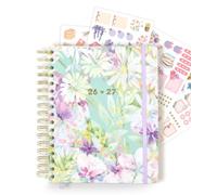 MANOA® Agenda Académica 2026-2027 Día Página (A5+) 19 x 22 cm. Agenda Escolar diaria Diseño Floral Acuarela, 394 páginas, Horario, Evaluaciones y Organización Completa del curso (CON STICKERS)