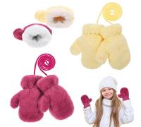 Manoplas Cálidas para Niños, 2 Pares Guantes Invierno con Forro Polar, Manopla de Nieve de Invierno con Cuerda Cuello, Mitones Cálidos de Invierno para Niños 3-7 años, 18*9cm (Amarillo + Rosa)