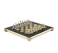 Manopoulos Classic Metal Staunton - Juego de ajedrez pequeño (latón y níquel, tablero de ajedrez verde (28 x 28 cm), 32 piezas (rey, reina, torres, caballeros, obispos, peones), a partir de 6 años