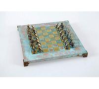 Manopoulos Cycladic Art Large Chess Set - Bronze Material - Blue Oxidize Board