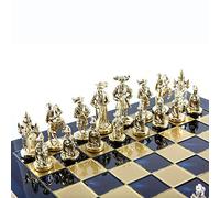 Manopoulos Knights Chess Set - Brass&Nickel - Blue Chess Board