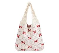 Manqyi Bolsa Playa, Bolsos Tejidos Crochet, Bolso De Hombro De Punto Para Mujer con Lazos Rosados, Boho Beige, Grande para Playa, para el Día a Día，Viajar, Picnic, Compras y Vacaciones(Gran Tamaño)