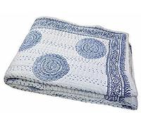 Manta acolchada hecha a mano de algodón con estampado de color azul índigo con estampado de Kantha Indigo Beork Bohemian Bed Decor Manta para cama Twin/King/Queen (Queen 90 x 108 pulgadas (5))
