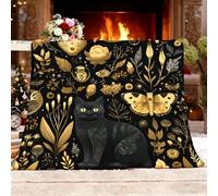 Manta Antiarrugas y Antiestática 140x180 cm Misticismo Estilo Gato Negro. Polar Cama Super Suave y Caliente Fotos Personalizable Negro Y Dorado Manta Infantil Ligera para sofá y,Dormitorio,Oficina