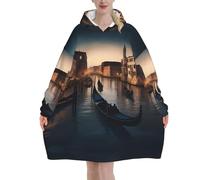 Manta con capucha de gran tamaño con estampado de noche de Venecia, suave y cálida, regalo de invierno para adultos, Negro, 280g flannel