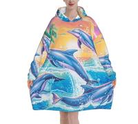 Manta con capucha extragrande para adultos, manta de franela suave con estampado de delfines saltando, ropa de estar cálida y acogedora para las noches de invierno.