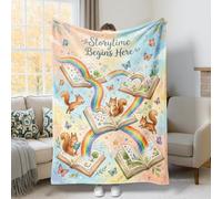 Manta con diseño de ardilla, diseño de libro juguetón, arcoíris, primavera, pastel, manta de franela suave, ligera, decorativa para sofá, cama, oficina, silla, escritorio, 50 x 60 pulgadas