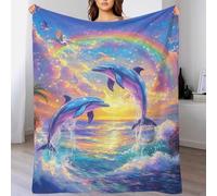 Manta con diseño de Delfines Saltando y arcoíris al Atardecer, Ideal para el sofá, para tu Pareja, Esposo, Esposa, Mujer y Hombre, 100 x 130 cm.