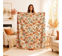 Manta con estampado de oso y calabazas otoñales de 101,6 x 127 cm | Ilustraciones de calabazas de acuarela, manta de sofá, diseño de cosecha de temporada, estética acogedora de granja