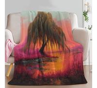 Manta con Estampado Ensoñador Planta Puesta De Sol Pintura Al Óleo, Manta Rosa-Naranja de Franela para Sofá Cama Extra Cálido Sobrecama 150 x 200 cm - Caliente Transpirable para Otoño e Invierno