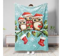 Manta de búhos de Navidad, manta decorativa de búhos de color turquesa, manta de felpa suave y acogedora para sofá, viajes, picnics, temporada de invierno, 40 x 50 pulgadas