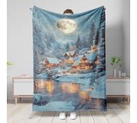 Manta de cabaña nevada, manta azul de invierno con escena de pueblo navideño, forro polar de felpa ligera y suave para noches acogedoras, decoración del hogar, uso en todas las estaciones, 40 x 50