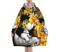 Manta de felpa con capucha y girasoles de elefante para madre y bebé, franela antibolitas, acogedora ropa de descanso con bolsillo canguro para clima frío