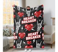 Manta de felpa roja con diseño de corazón, esqueleto gótico rock, rayo, San Valentín, ligera, compacta, estética, para sofá, cama, regazo, silla de oficina, escritorio, 50 x 60 pulgadas