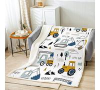 Manta de Forro Polar para Niños con Diseño de Coche de Dibujos Animados - Sherpa, Equipo de Decoración, Camiones, Excavadora, Tractor - Blanca y Amarilla