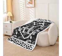 Manta de forro polar personalizada con lazo negro con letra H y letra H, tamaño Queen, 229 x 229 cm, diseño de plumas estéticas, estampado de leopardo gris, manta de felpa cálida de sherpa con cuentas