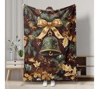 Manta de franela con diseño floral para vacaciones de invierno, diseño de campana verde y cinta, perfecta para decoración de sofá y cama de Navidad, funda suave para todas las estaciones, 60 x 80