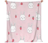 Manta de Franela con Estampado de Bonito Dibujo Fresa Conejo 127 x 152 cm, Suave y cálida Rosa Manta de salón para niñas niños Adultos, Manta de sofá de Viaje