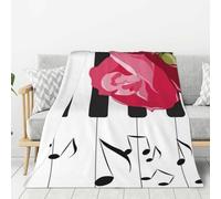 Manta de Franela de 80 x 60 Pulgadas, súper Suave, Gruesa y acogedora, con Notas Musicales de Piano y Rosa roja.