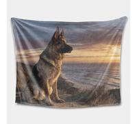 Manta de franela de pastor alemán, puesta de sol, playa, manta de forro polar súper suave para sofá, cama o viajes, manta cálida y acogedora con arte de perro con vista al mar para noches de invierno