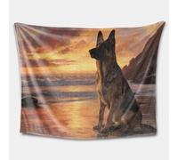 Manta de franela de pastor alemán, puesta de sol, playa, manta de forro polar súper suave para sofá, cama o viajes, manta cálida y acogedora con arte de perro con vista al mar para noches de invierno