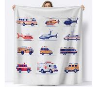 Manta de Franela Estampada Vehículo De Rescate De Dibujos Animados, 200 x 200 cm Manta de Microfibra Suave Anti-Pilling para sofá Cama decoración de sofá Viajes Camping, Blanco