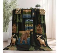 Manta de Franela Suave Negro, Estilo rústico Patchwork Animales Casa de Madera Estampada, Idea Navidad, cumpleaños o San Valentín, Manta acogedora 70×100 cm