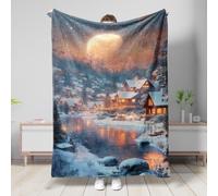 Manta de invierno con escena de pueblo de Navidad, acogedora manta de forro polar azul y blanco, decoración de felpa suave para sofá, viajes, camping, vacaciones, uso en todas las estaciones, 40 x 50