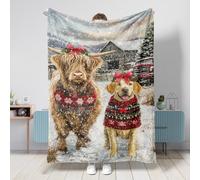 Manta de invierno de vaca y perro de las Highlands, manta festiva roja y verde, forro polar suave y acogedor para el hogar, viajes, picnics, todas las estaciones, 40 x 50 pulgadas