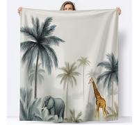 Manta de Lana 220 x 240 cm Jungla Dibujada A Mano Palmeras Elefantes Jirafas Sherpa Manta de Lana, Blanco Franela Sobrecama Mantas Felpa, para Niños Adultos Jóvenes Cama Sofá Dormitorio Vivero Mantas