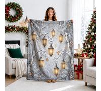 Manta de Navidad con diseño de farol de invierno, 101,6 x 127 cm | Faroles colgantes brillantes, manta de sofá, ramas de abedul nevadas, imágenes rústicas de invierno, capas acogedoras de