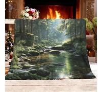 Manta de Peluche de Lana Paisaje del Arroyo del Bosque Manta de Estar Caliente Otoño Invierno Suave XL, Verde Frazada de Franela Sherpa para Sofá Cama, para Niños Niñas