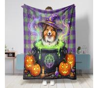 Manta de perro pastor Shetland de Halloween de 50 x 60 pulgadas, manta de franela suave y acogedora para sofá, cama, playa, viajes, decoración de sofá para el hogar de brujas