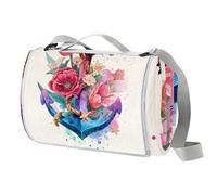 Manta de picnic con diseño de ancla de flores, impermeable, plegable, 150 x 145 cm, manta de playa al aire libre, asa de transporte antideslizante, a prueba de arena y lavable, para jardín, camping