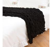 Manta De Punto Grueso, Manta De Hilo De Chenilla Suave, Manta De Ganchillo De Punto De Cable Grueso Hecha A Mano, Manta De Punto Grueso Grande para Decoración del Hogar,Negro,100 * 120 cm