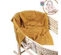 Manta de Punto para Bebé Recién Nacido, Odot Algodón Suave y Cálida Punto de Crochet Cobija Toalla de Cama Niños Swaddle para Bebe Cuna, Cochecito y Silla de Paseo (Amarillo,100 x 80cm)