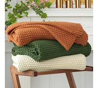 Manta de Punto Trenzado Grueso, Ligera, Color Naranja Quemado, 100% algodón orgánico, para sofá, Cama, Cuarto de bebé, rústico, Desgastado, Elegante, Moderno, Granja, 60 x 80 Pulgadas, Bolsa de