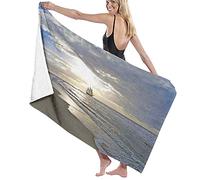 Manta de toalla de baño grande, náutico, un barco de vela cerca de la playa de arena en Moody Sunset Paradise Tropical Summer Theme A Blue Beige White, Sábana de baño, toalla de playa, natación, 52 x