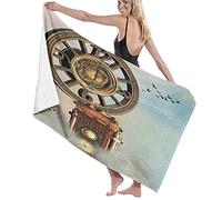 Manta de toalla de baño grande, paisaje encantado mágico, reloj antiguo grande, pájaros voladores, cuento de hadas, toalla de playa para hotel familiar, viajes, deportes de natación, 52 x 32 pulgadas