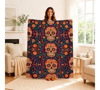 Manta del Día de los Muertos, diseño de calavera de azúcar, 101,6 x 127 cm | Vibrantes flores de caléndula, mantas peludas, inspiración artística, acentos culturales para el hogar