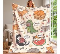 Manta divertida con cita de gatos de dibujos animados, 60 x 80 pulgadas | Disfraz de dinosaurio felino, manta de sofá, bolas de hilo juguetonas, encantador aperitivo de sandía