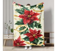 Manta floral de flor de pascua, manta de felpa verde y roja, suave y acogedora decorativa para Navidad, temporada de vacaciones, perfecta para sala de estar, picnics, todo el año, 50 x 60 pulgadas